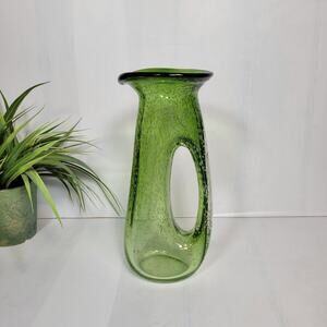 Vintage MCM Green Bubble seeded Art Glass Pitcher Vase Donut Hole Handle